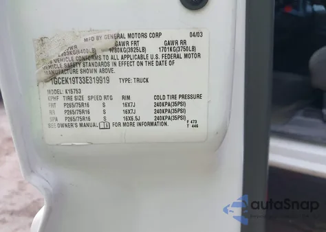 2003 Chevrolet Silverado 1500 Ls z USA, uszkodzony, nr VIN 1GCEK19T33E319919